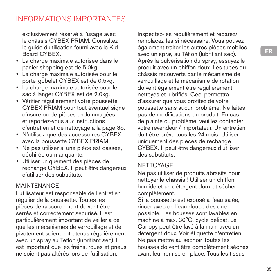 Informations importantes | Cybex PRIAM FRAME User Manual | Page 36 / 119