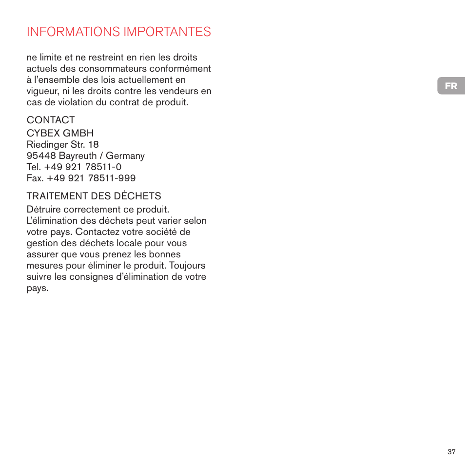 Informations importantes | Cybex PRIAM FRAME User Manual | Page 38 / 119