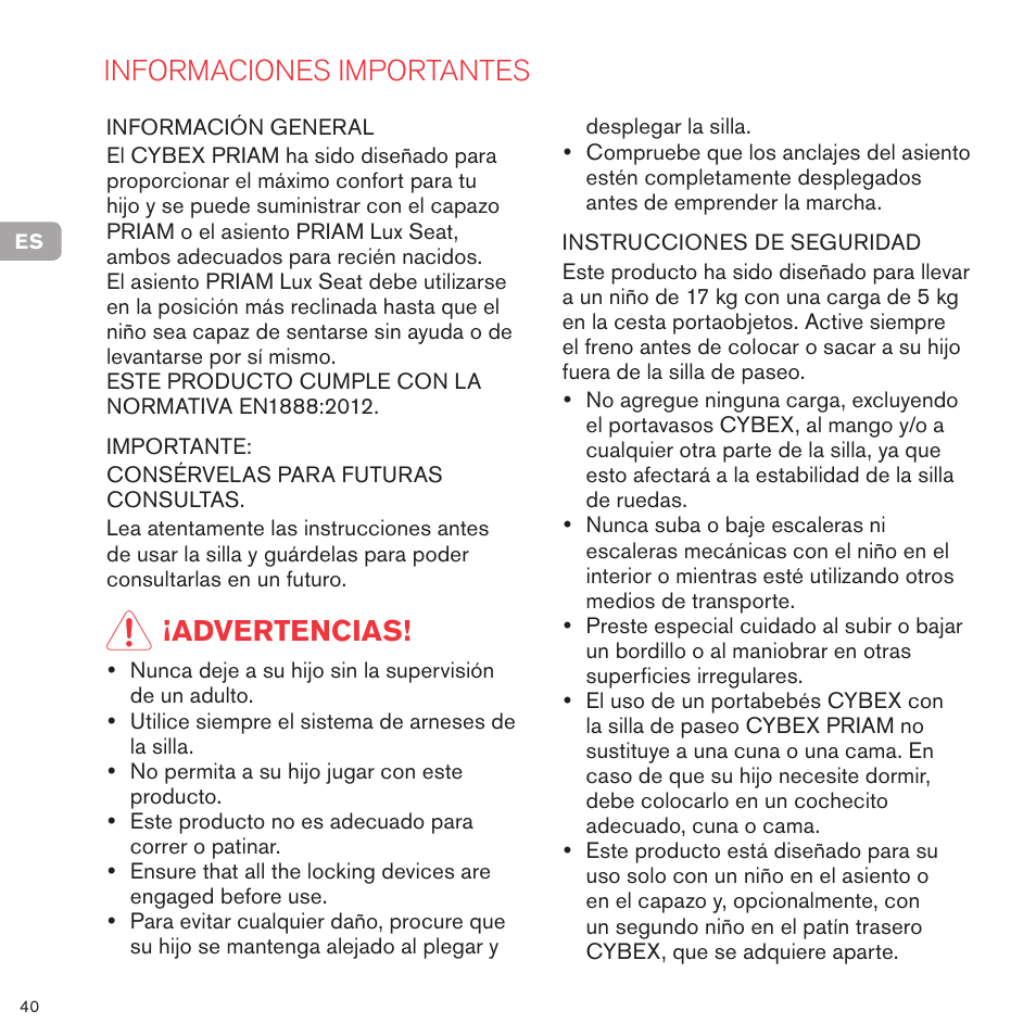 Informaciones importantes, Advertencias | Cybex PRIAM FRAME User Manual | Page 41 / 119