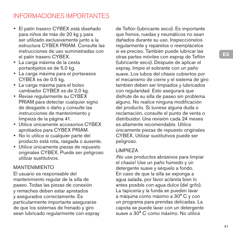 Informaciones importantes | Cybex PRIAM FRAME User Manual | Page 42 / 119