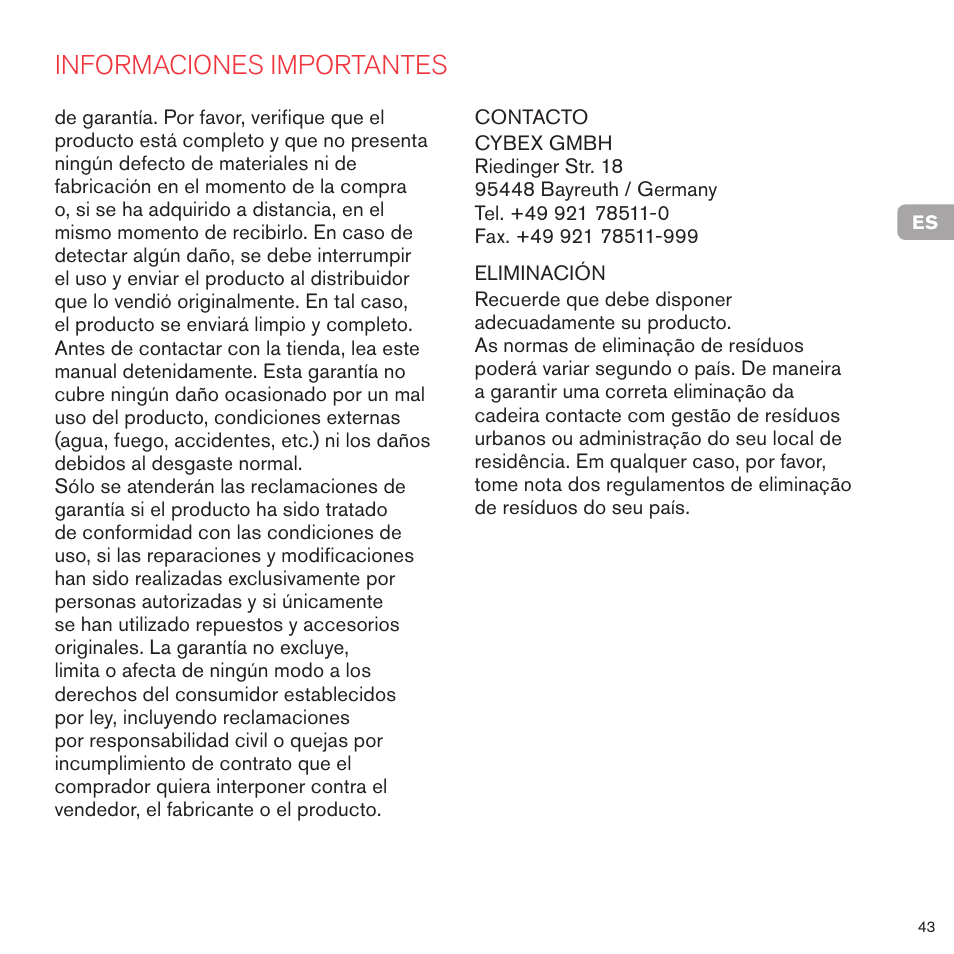 Informaciones importantes | Cybex PRIAM FRAME User Manual | Page 44 / 119