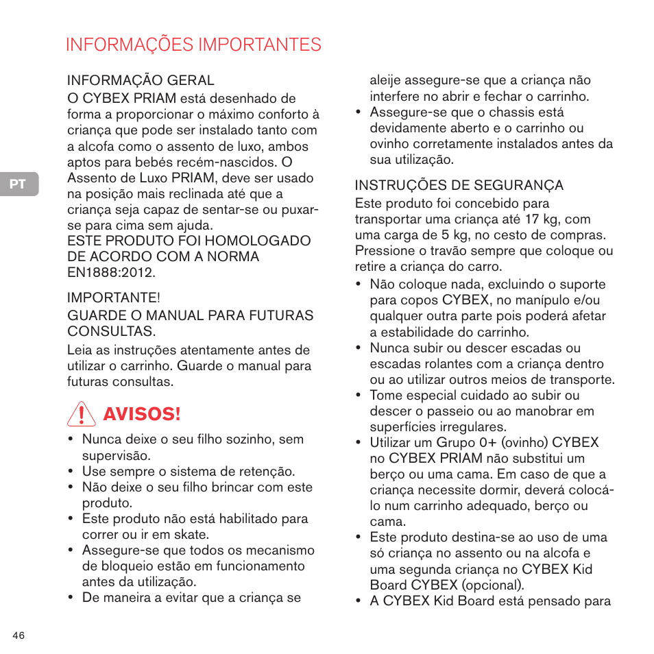 Informações importantes, Avisos | Cybex PRIAM FRAME User Manual | Page 47 / 119
