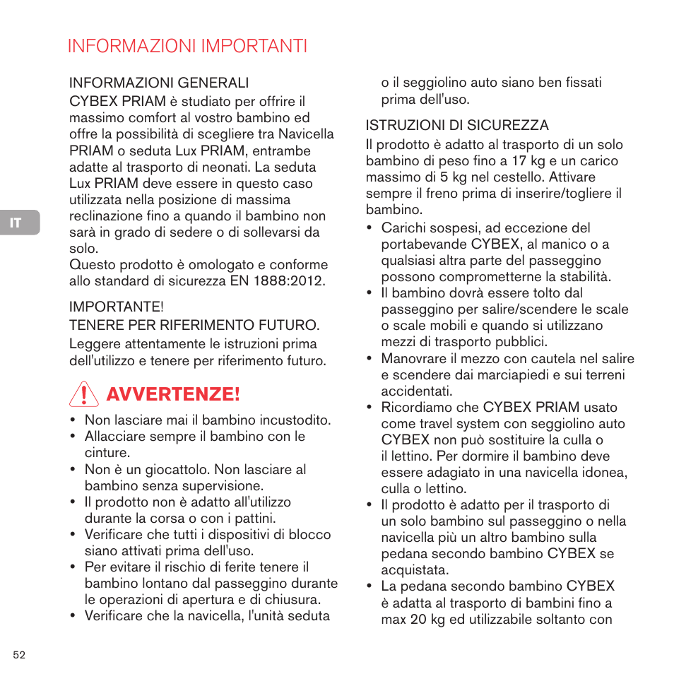 Informazioni importanti, Avvertenze | Cybex PRIAM FRAME User Manual | Page 53 / 119