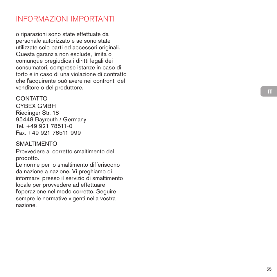 Informazioni importanti | Cybex PRIAM FRAME User Manual | Page 56 / 119