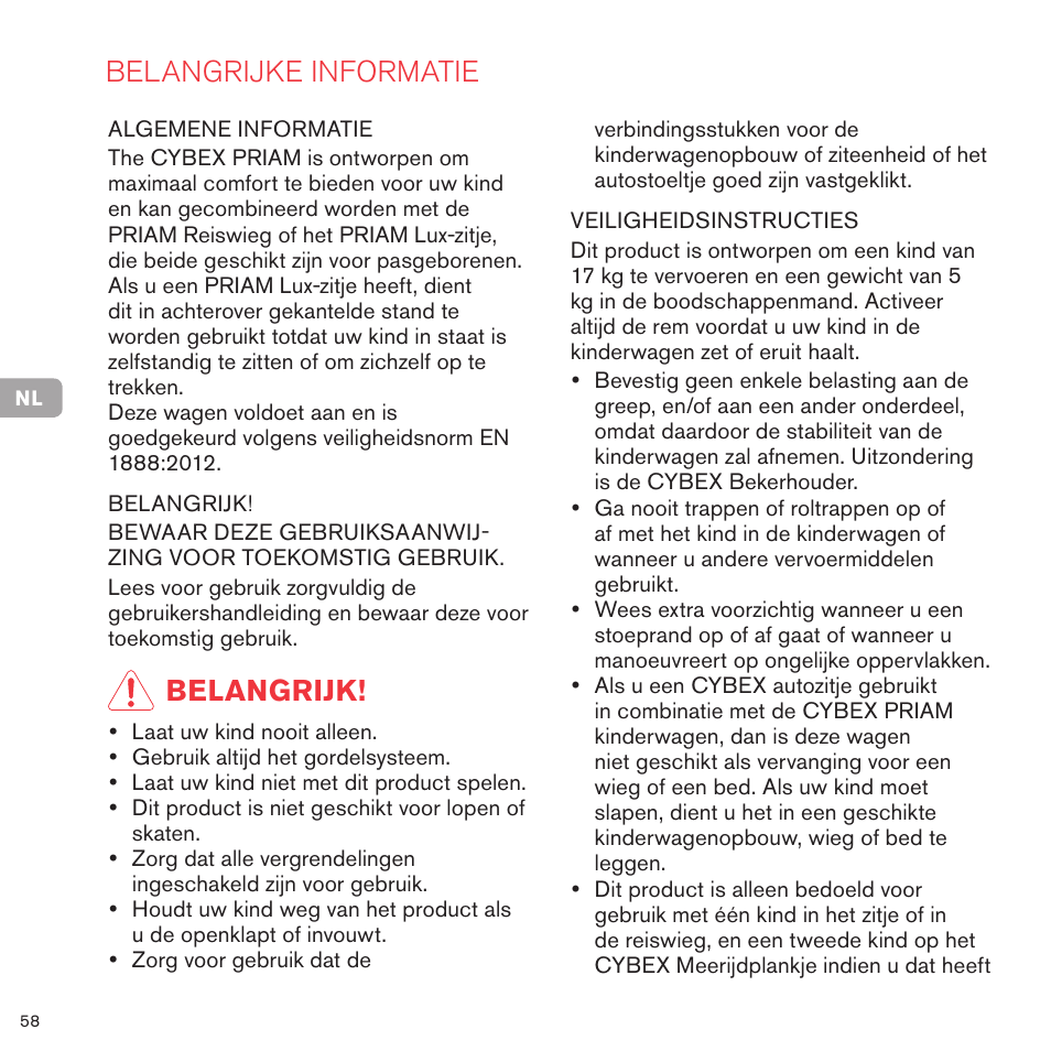 Belangrijke informatie, Belangrijk | Cybex PRIAM FRAME User Manual | Page 59 / 119