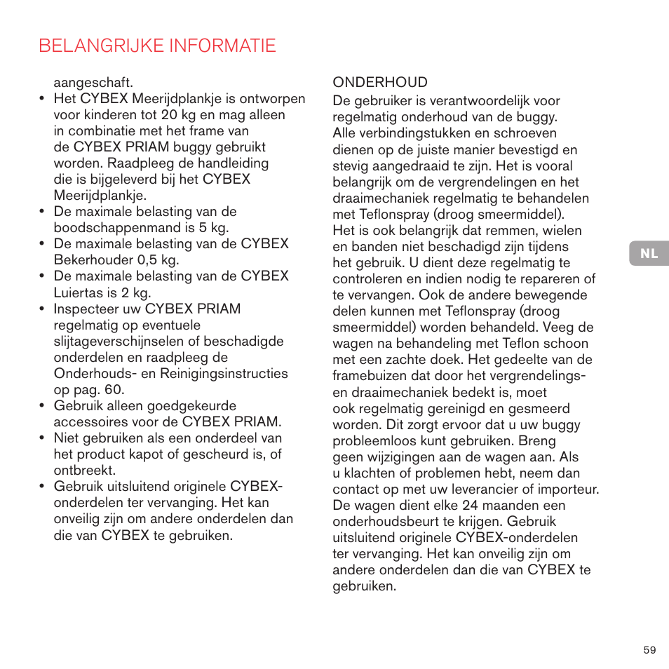 Belangrijke informatie | Cybex PRIAM FRAME User Manual | Page 60 / 119