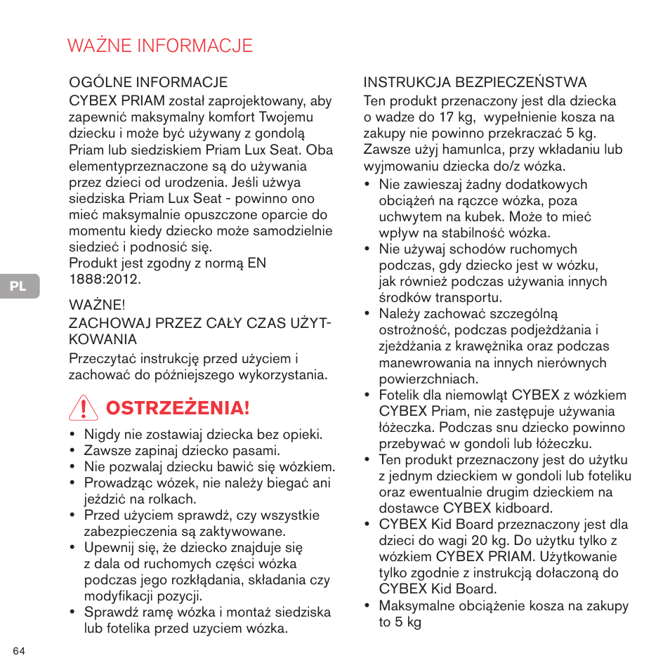 Ważne informacje, Ostrzeżenia | Cybex PRIAM FRAME User Manual | Page 65 / 119