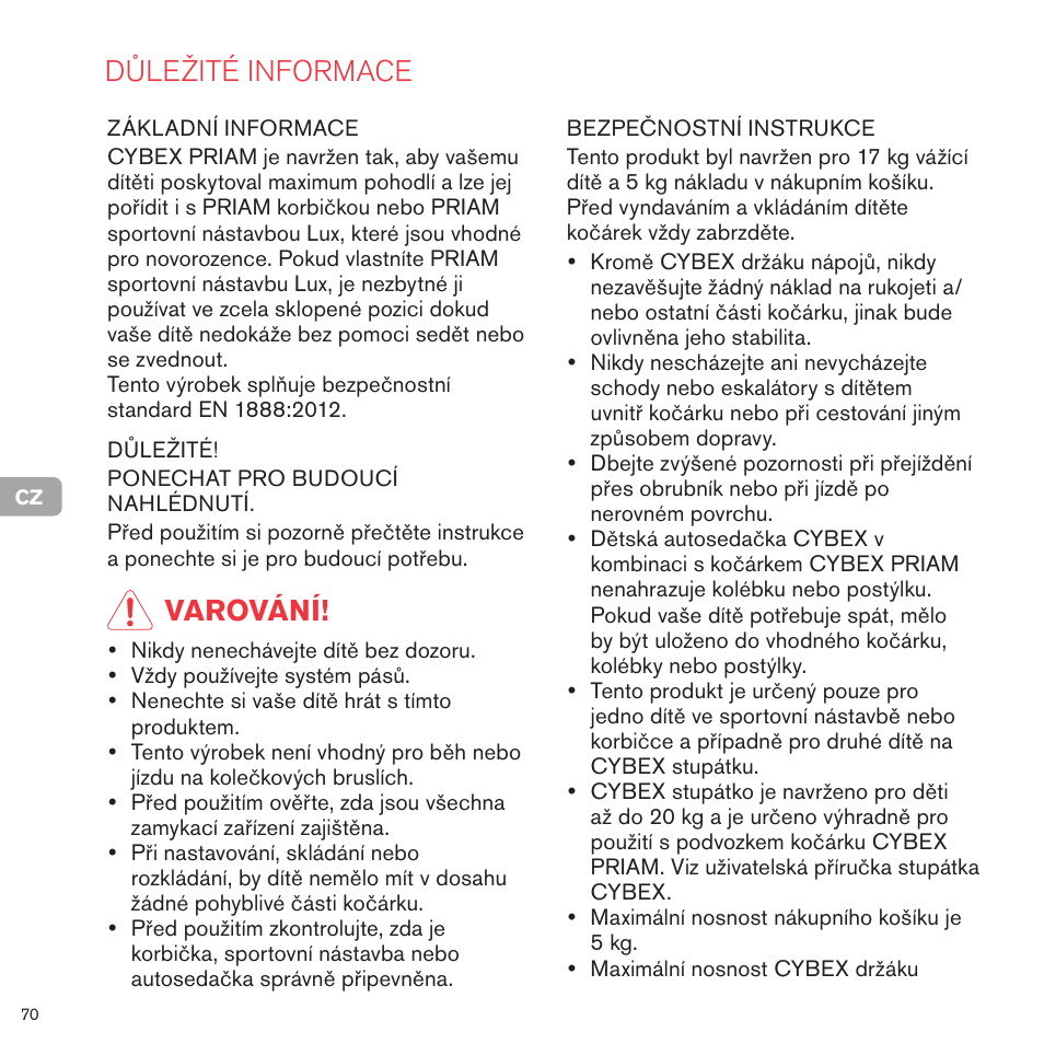 Důležité informace, Varování | Cybex PRIAM FRAME User Manual | Page 71 / 119