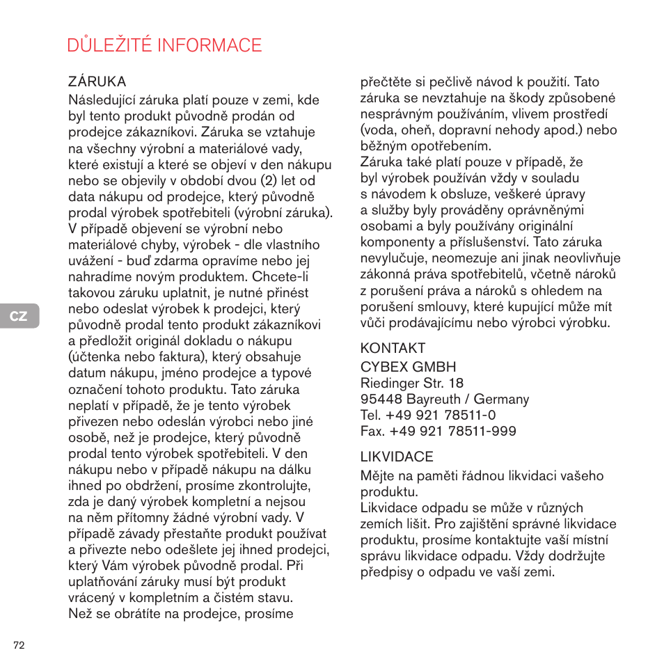 Důležité informace | Cybex PRIAM FRAME User Manual | Page 73 / 119
