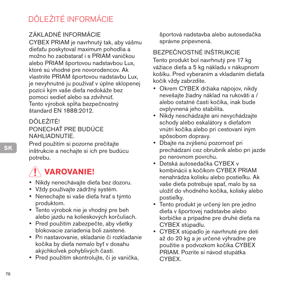Dôležité informácie, Varovanie | Cybex PRIAM FRAME User Manual | Page 76 / 119