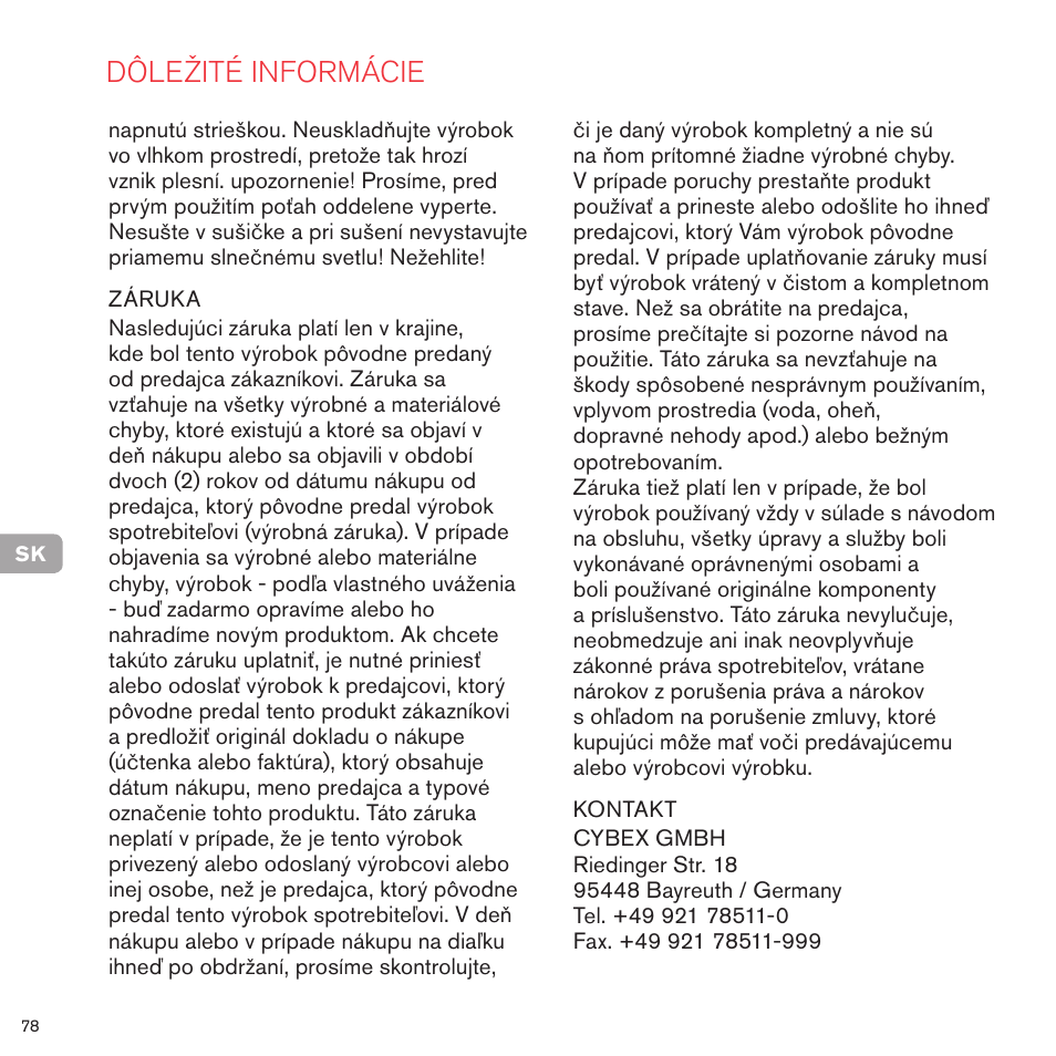 Dôležité informácie | Cybex PRIAM FRAME User Manual | Page 78 / 119