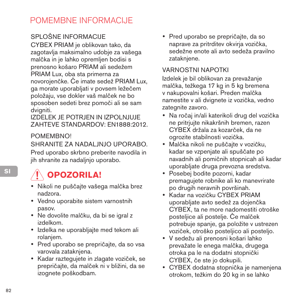 Pomembne informacije, Opozorila | Cybex PRIAM FRAME User Manual | Page 82 / 119