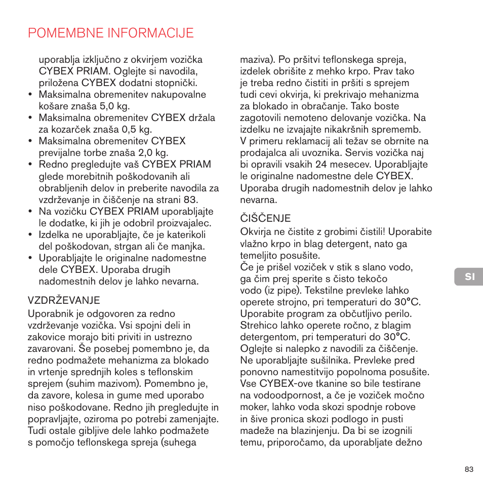 Pomembne informacije | Cybex PRIAM FRAME User Manual | Page 83 / 119