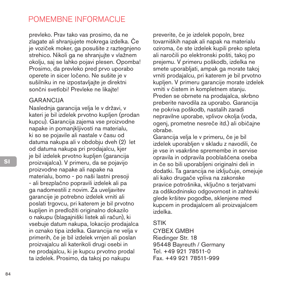 Pomembne informacije | Cybex PRIAM FRAME User Manual | Page 84 / 119