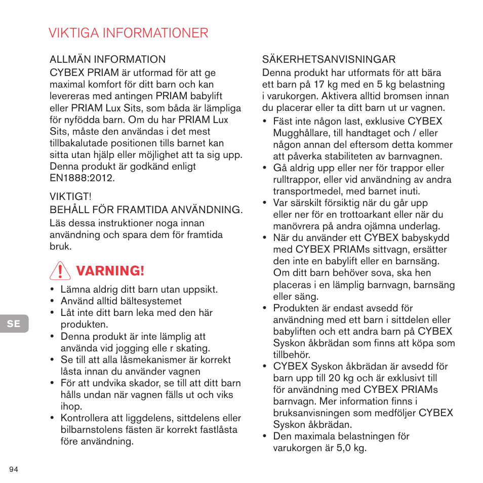 Viktiga informationer, Varning | Cybex PRIAM FRAME User Manual | Page 94 / 119