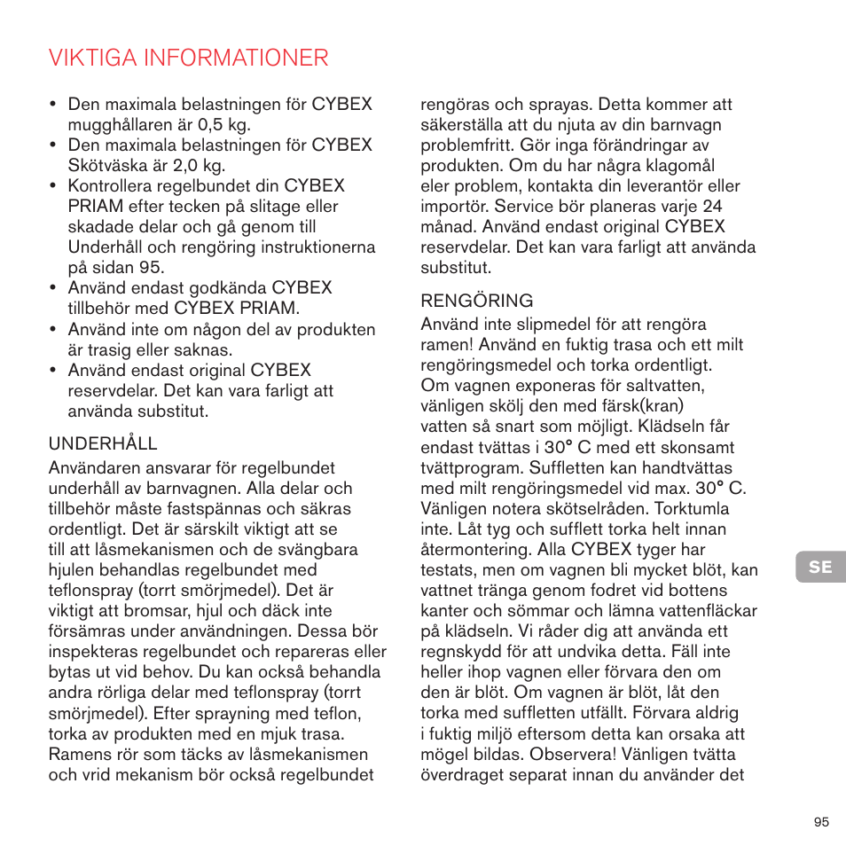 Viktiga informationer | Cybex PRIAM FRAME User Manual | Page 95 / 119