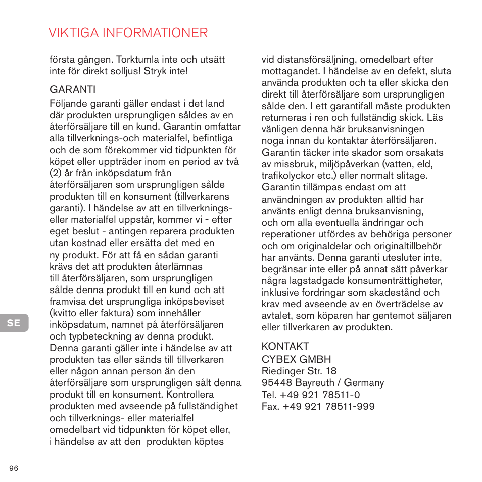 Viktiga informationer | Cybex PRIAM FRAME User Manual | Page 96 / 119