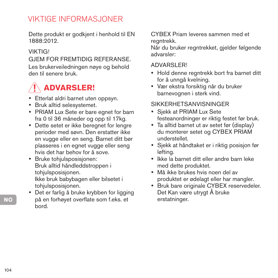 Viktige informasjoner, Advarsler | Cybex PRIAM LUX SEAT User Manual | Page 101 / 119