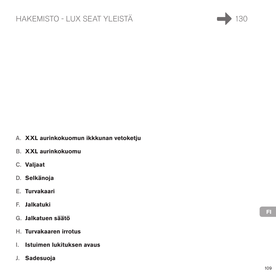 Hakemisto - lux seat yleistä 130 | Cybex PRIAM LUX SEAT User Manual | Page 106 / 119