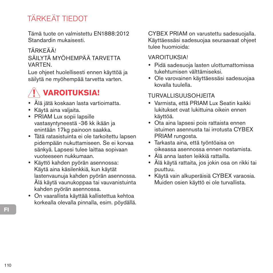 Tärkeät tiedot, Varoituksia | Cybex PRIAM LUX SEAT User Manual | Page 107 / 119