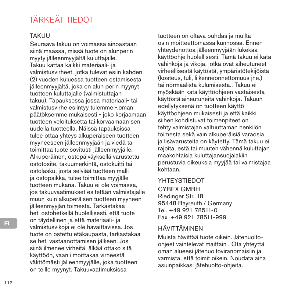 Tärkeät tiedot | Cybex PRIAM LUX SEAT User Manual | Page 109 / 119