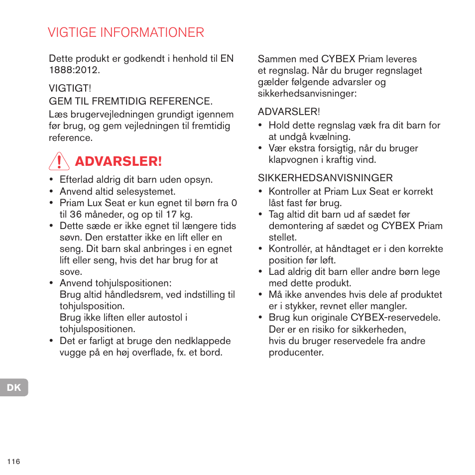 Vigtige informationer, Advarsler | Cybex PRIAM LUX SEAT User Manual | Page 112 / 119
