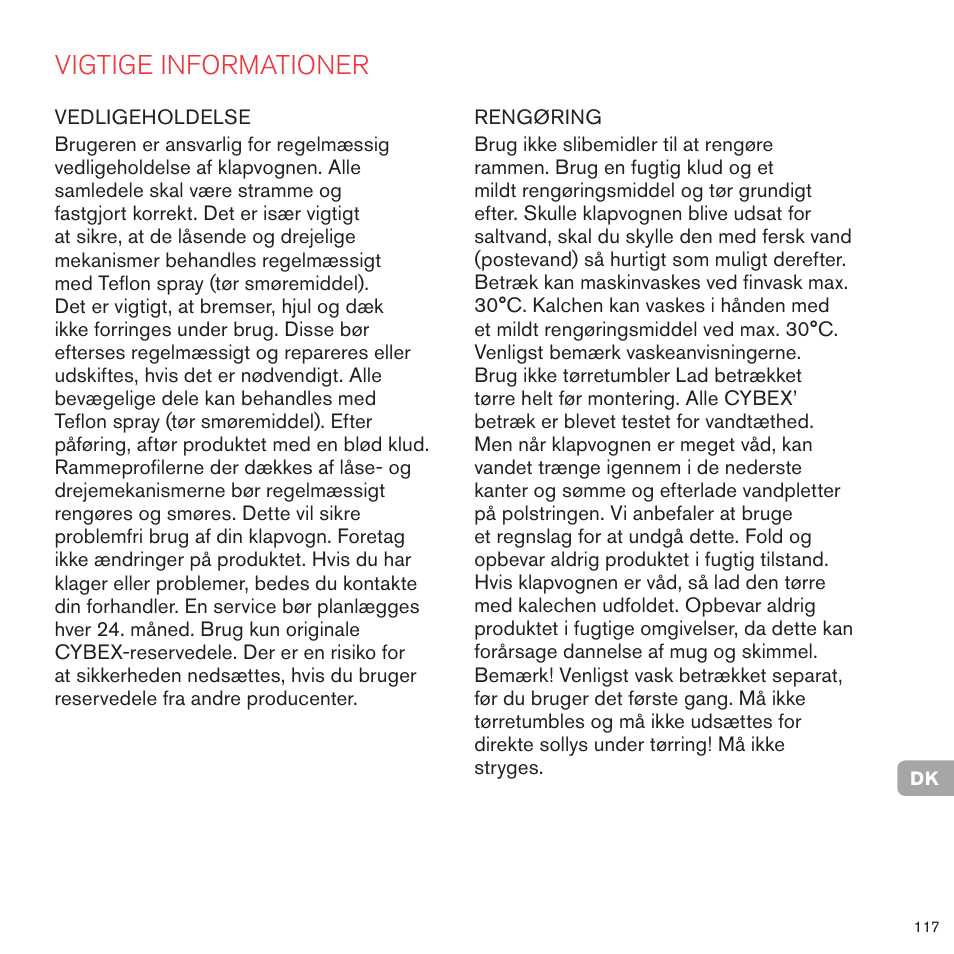 Vigtige informationer | Cybex PRIAM LUX SEAT User Manual | Page 113 / 119