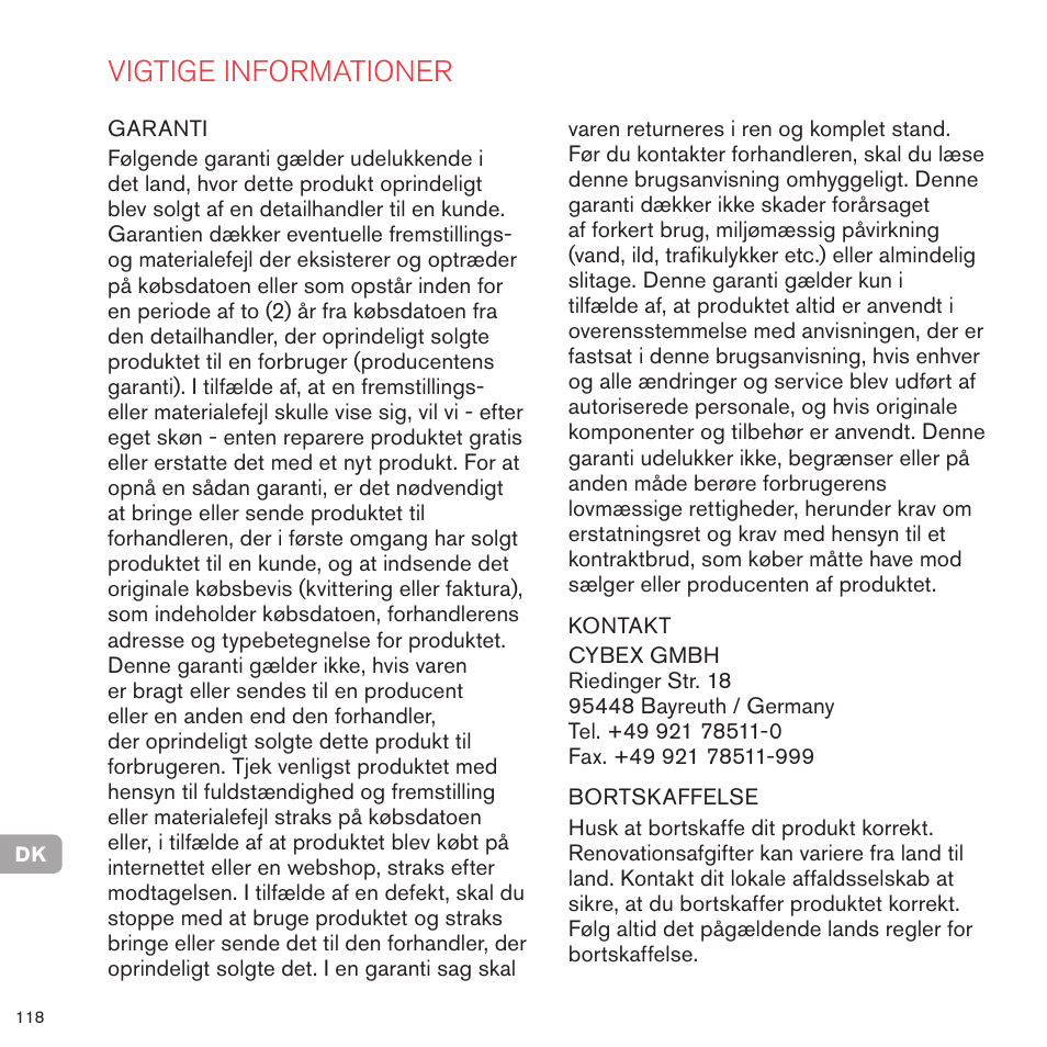 Vigtige informationer | Cybex PRIAM LUX SEAT User Manual | Page 114 / 119