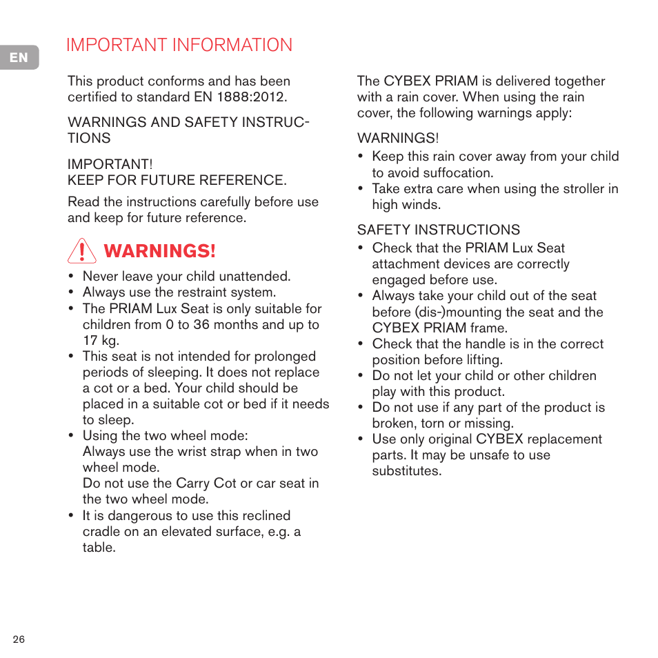 Important information, Warnings | Cybex PRIAM LUX SEAT User Manual | Page 27 / 119