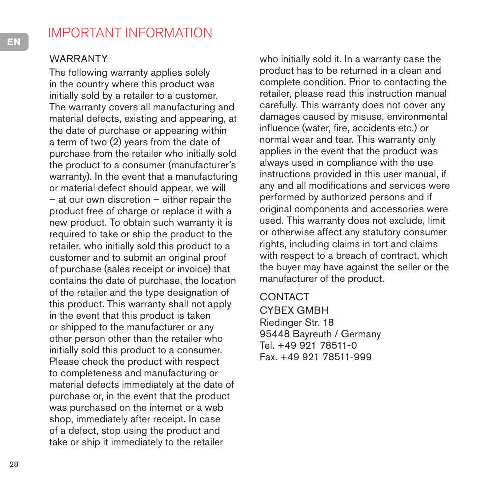 Important information | Cybex PRIAM LUX SEAT User Manual | Page 29 / 119