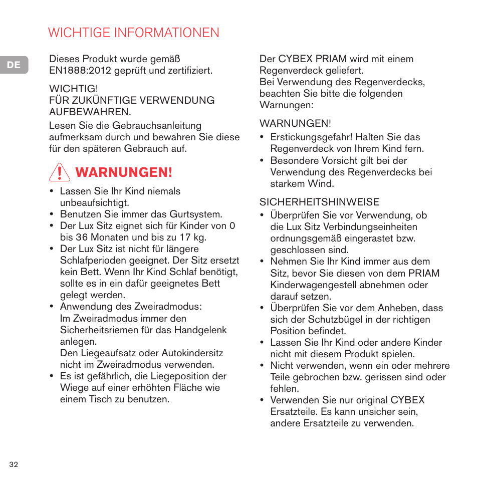 Wichtige informationen, Warnungen | Cybex PRIAM LUX SEAT User Manual | Page 33 / 119