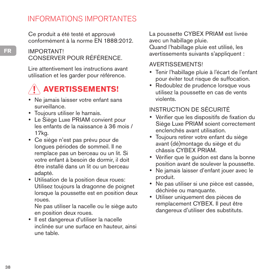 Informations importantes, Avertissements | Cybex PRIAM LUX SEAT User Manual | Page 39 / 119