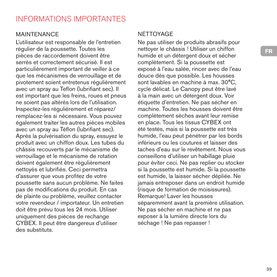 Informations importantes | Cybex PRIAM LUX SEAT User Manual | Page 40 / 119