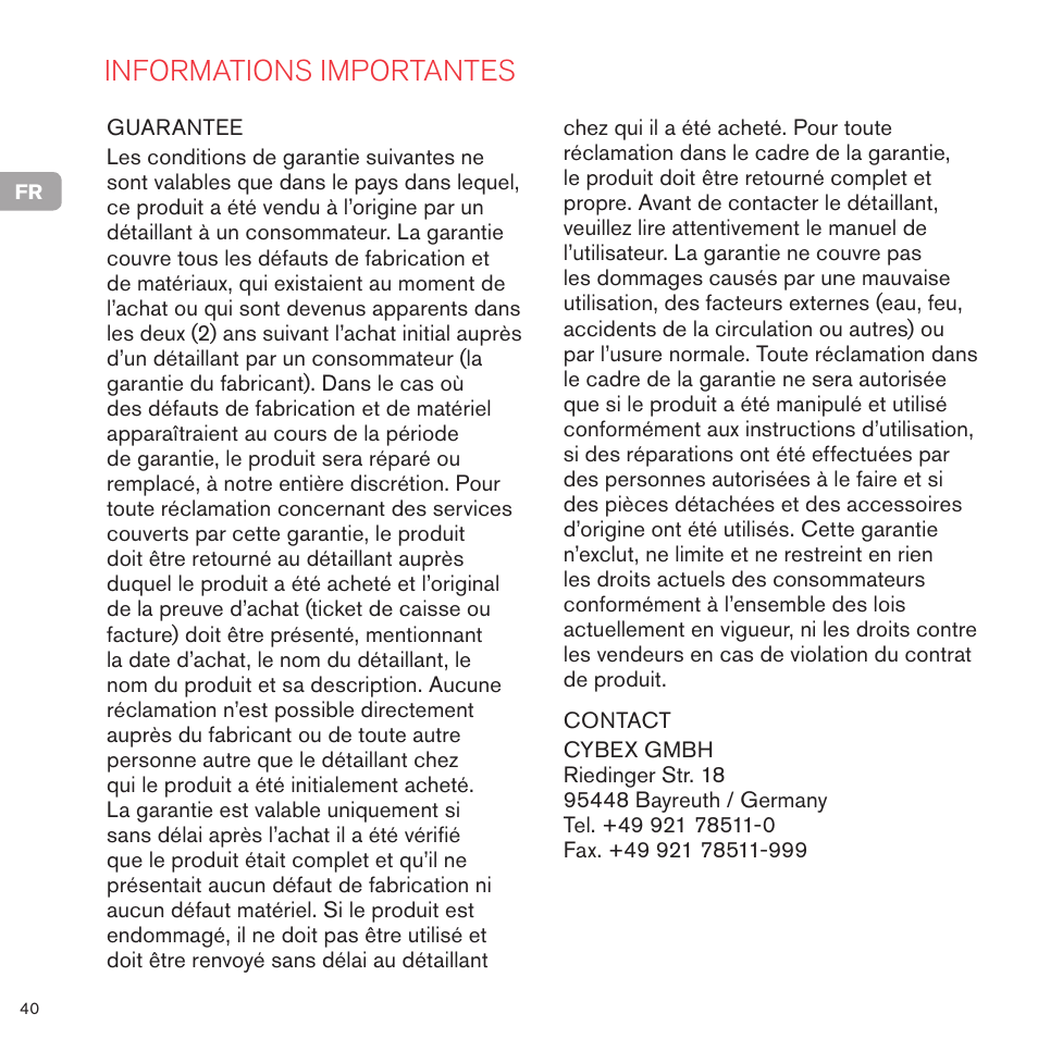 Informations importantes | Cybex PRIAM LUX SEAT User Manual | Page 41 / 119
