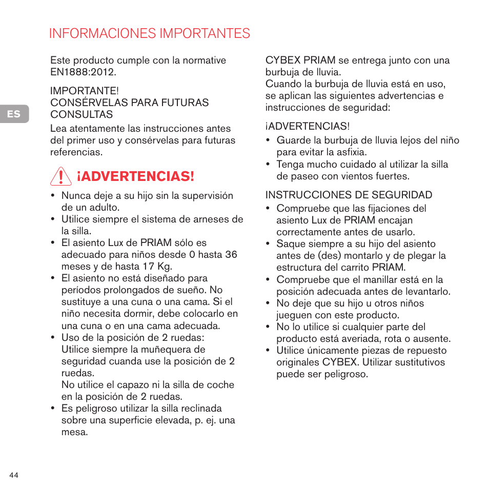 Informaciones importantes, Advertencias | Cybex PRIAM LUX SEAT User Manual | Page 45 / 119