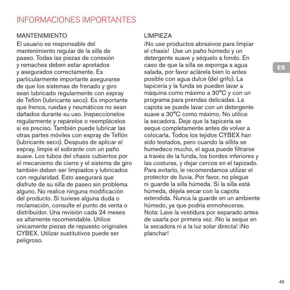Informaciones importantes | Cybex PRIAM LUX SEAT User Manual | Page 46 / 119