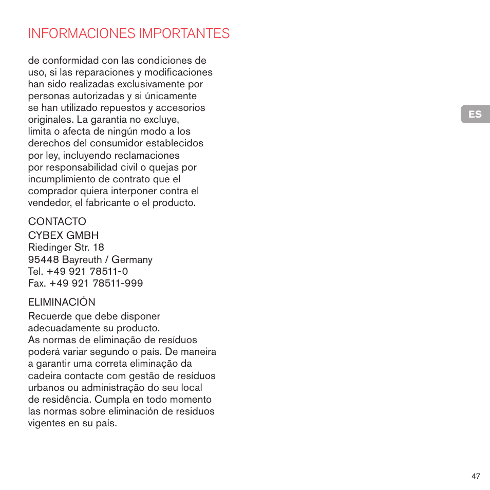 Informaciones importantes | Cybex PRIAM LUX SEAT User Manual | Page 48 / 119