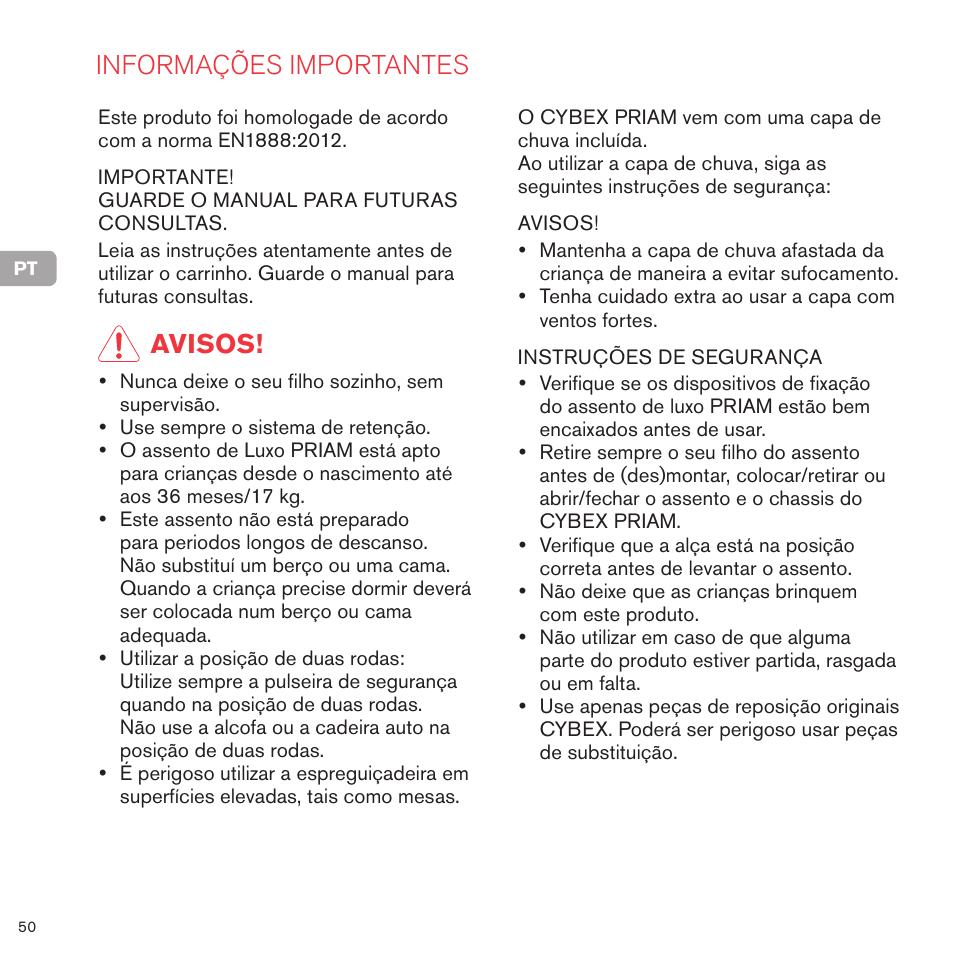 Informações importantes, Avisos | Cybex PRIAM LUX SEAT User Manual | Page 51 / 119