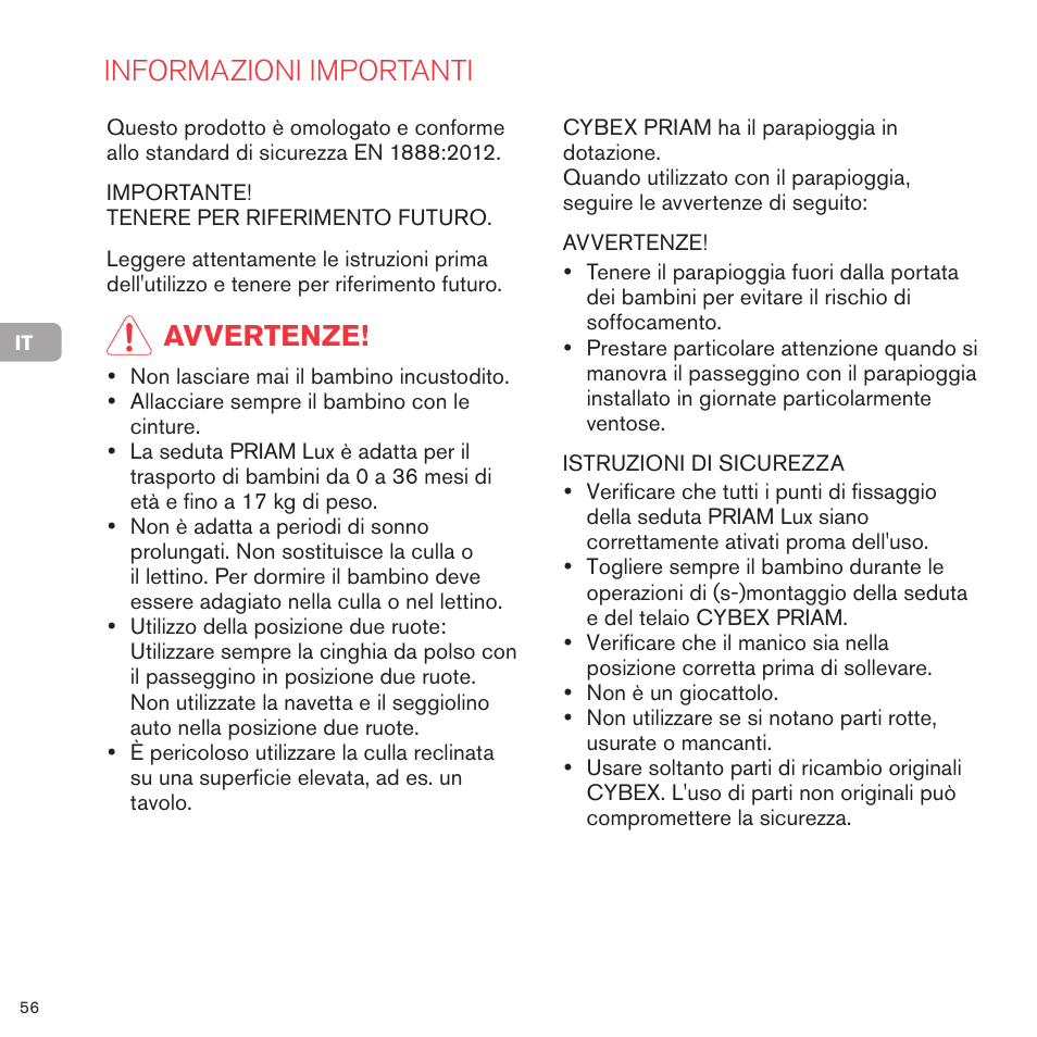 Informazioni importanti, Avvertenze | Cybex PRIAM LUX SEAT User Manual | Page 57 / 119