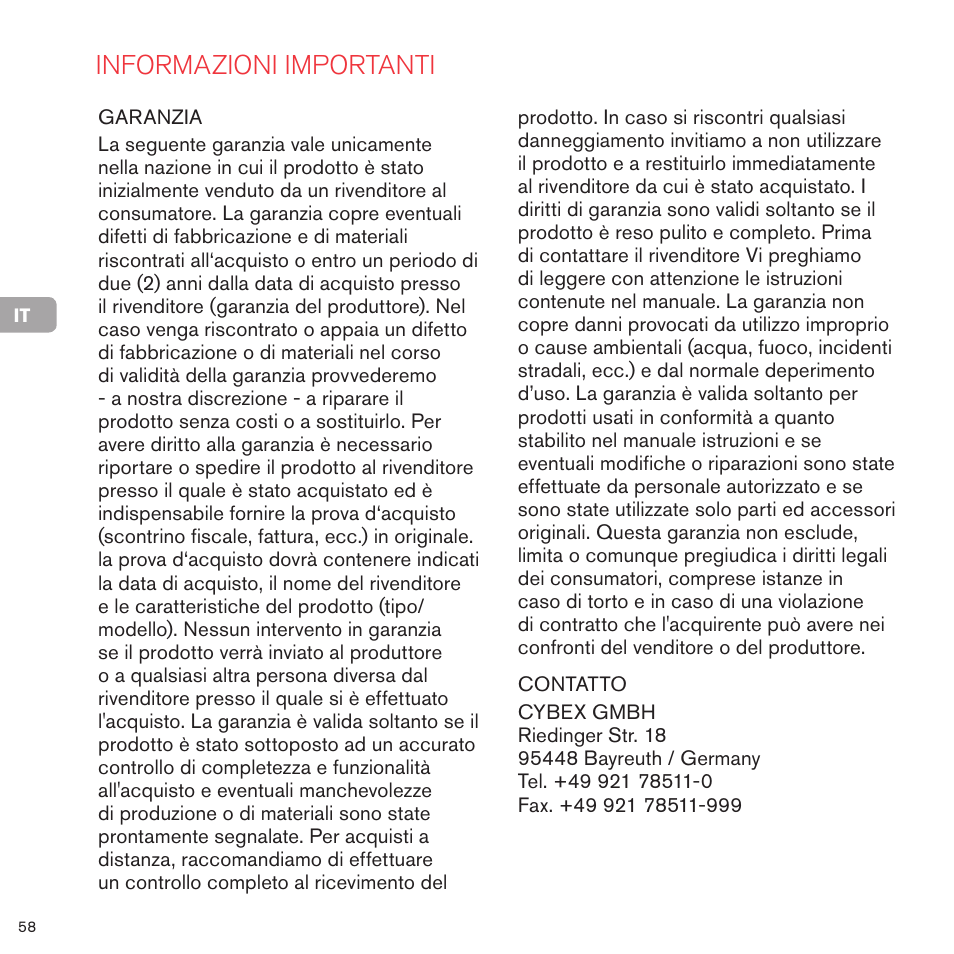 Informazioni importanti | Cybex PRIAM LUX SEAT User Manual | Page 59 / 119