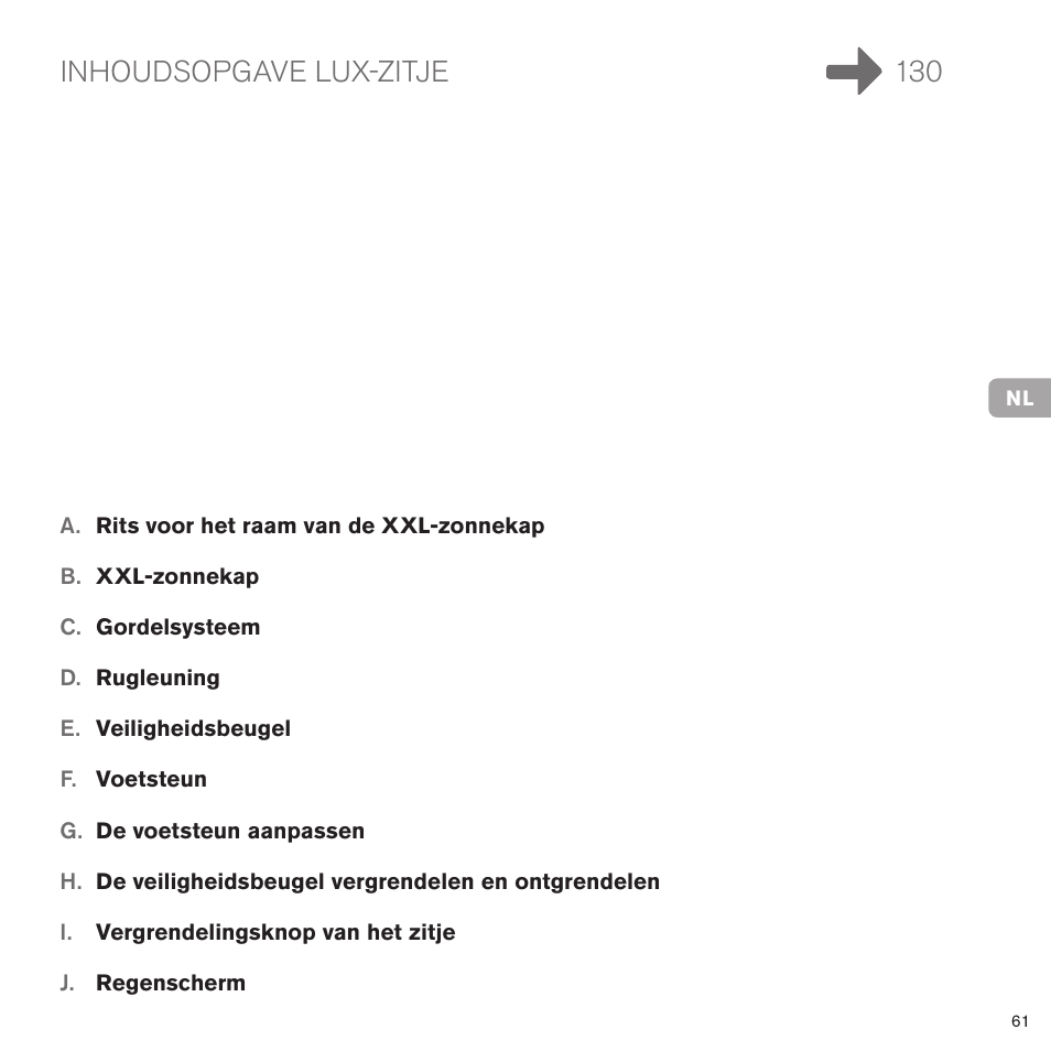 Inhoudsopgave lux-zitje 130 | Cybex PRIAM LUX SEAT User Manual | Page 62 / 119