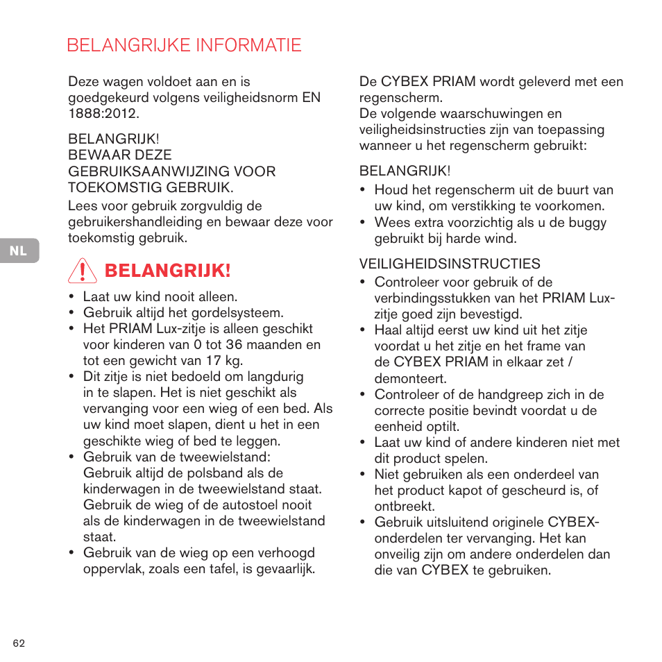 Belangrijke informatie, Belangrijk | Cybex PRIAM LUX SEAT User Manual | Page 63 / 119