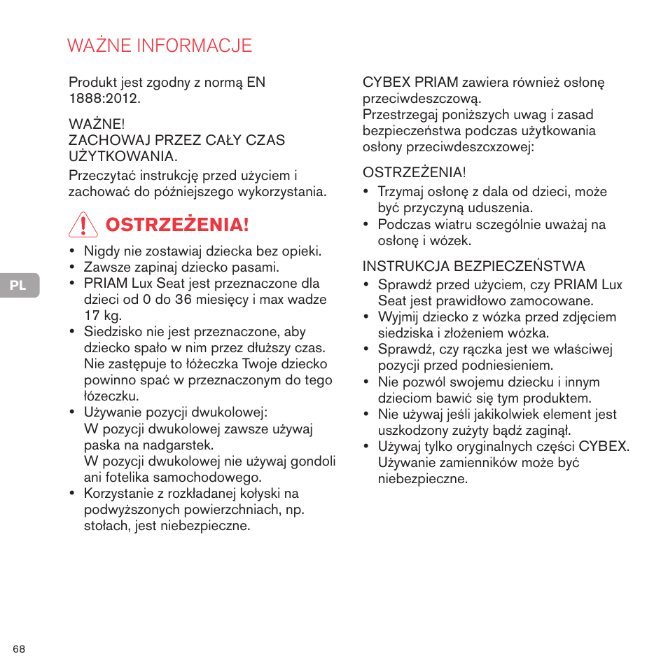 Ważne informacje, Ostrzeżenia | Cybex PRIAM LUX SEAT User Manual | Page 69 / 119
