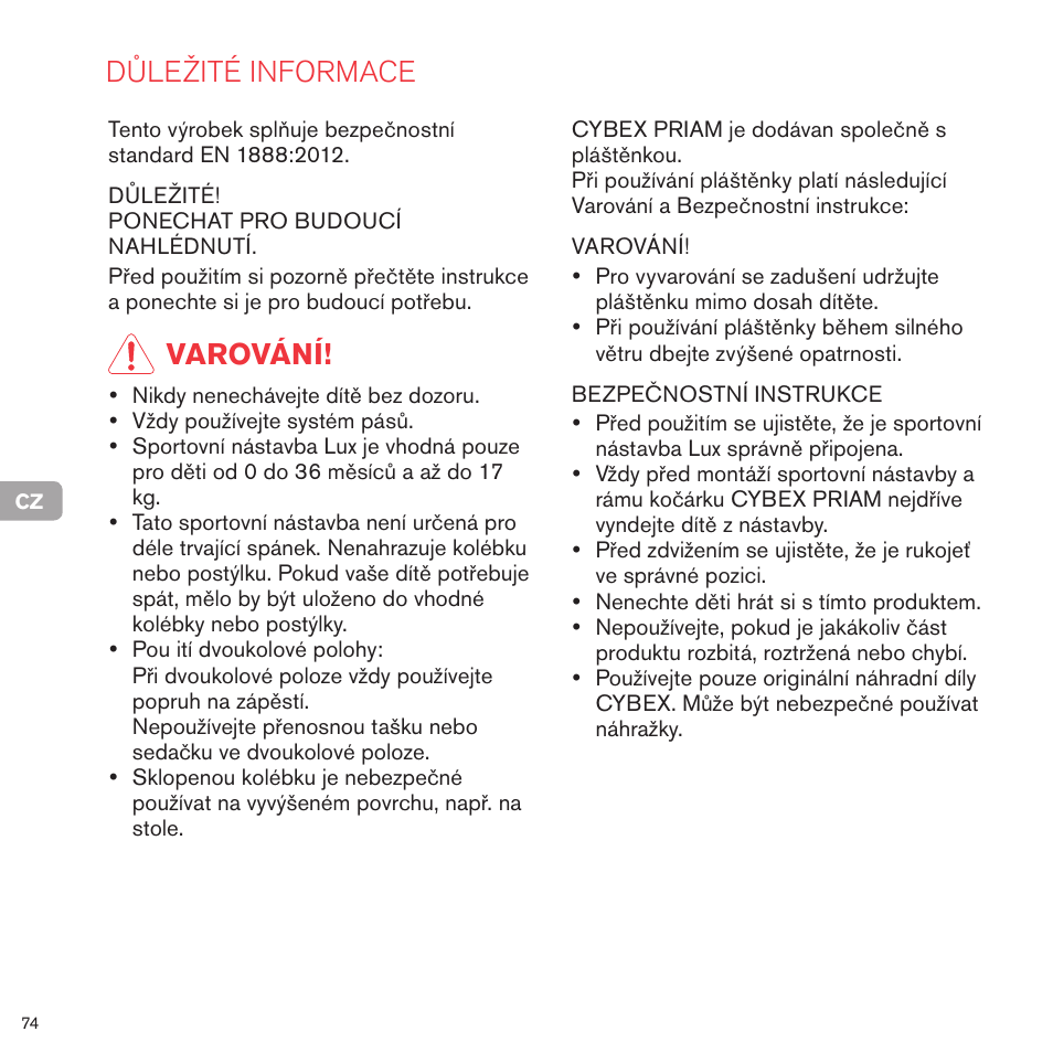 Důležité informace, Varování | Cybex PRIAM LUX SEAT User Manual | Page 74 / 119