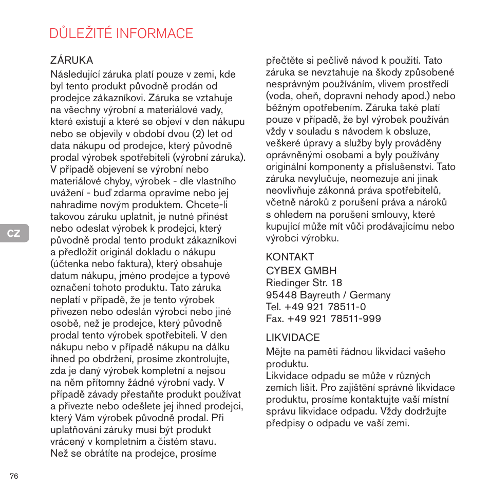 Důležité informace | Cybex PRIAM LUX SEAT User Manual | Page 76 / 119