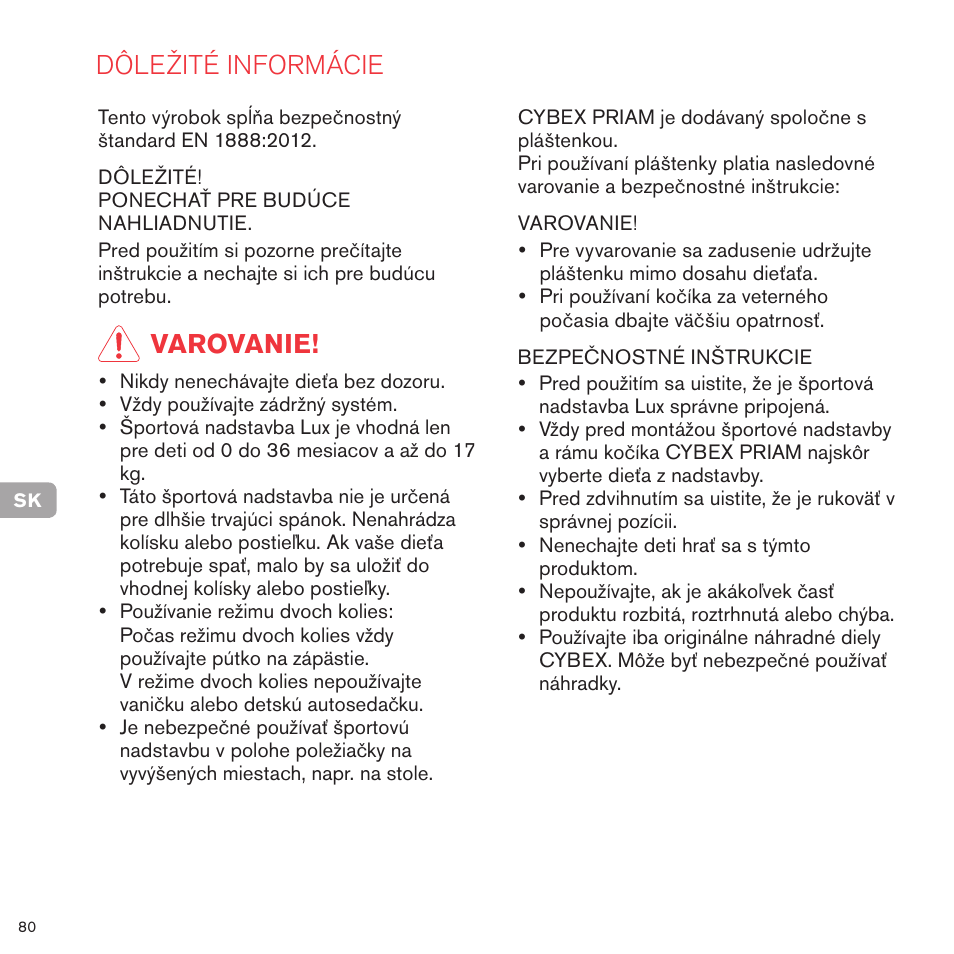 Dôležité informácie, Varovanie | Cybex PRIAM LUX SEAT User Manual | Page 79 / 119