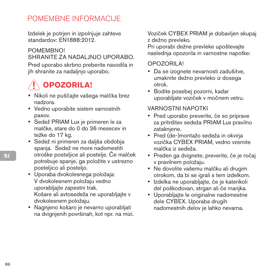 Pomembne informacije, Opozorila | Cybex PRIAM LUX SEAT User Manual | Page 84 / 119