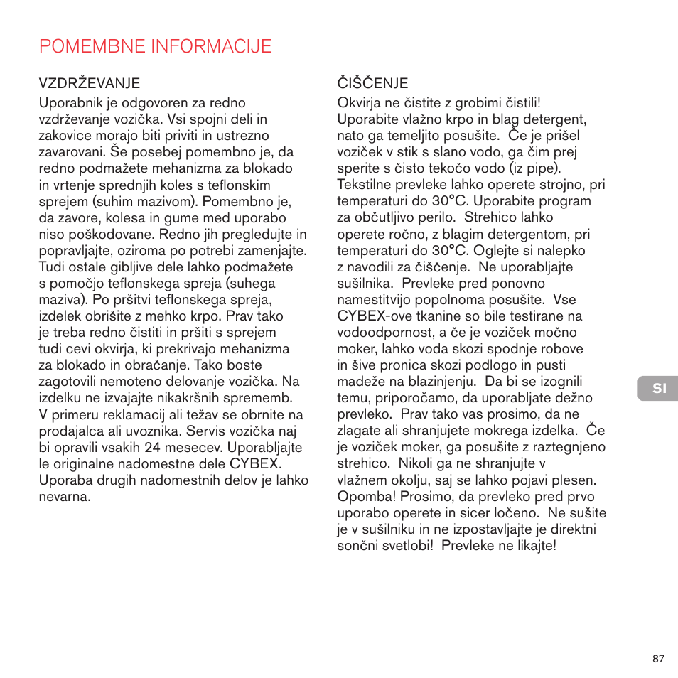 Pomembne informacije | Cybex PRIAM LUX SEAT User Manual | Page 85 / 119