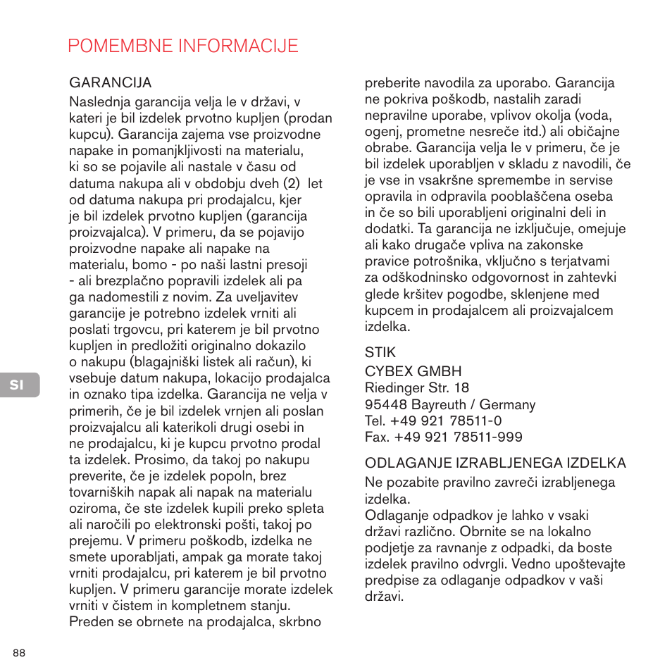 Pomembne informacije | Cybex PRIAM LUX SEAT User Manual | Page 86 / 119