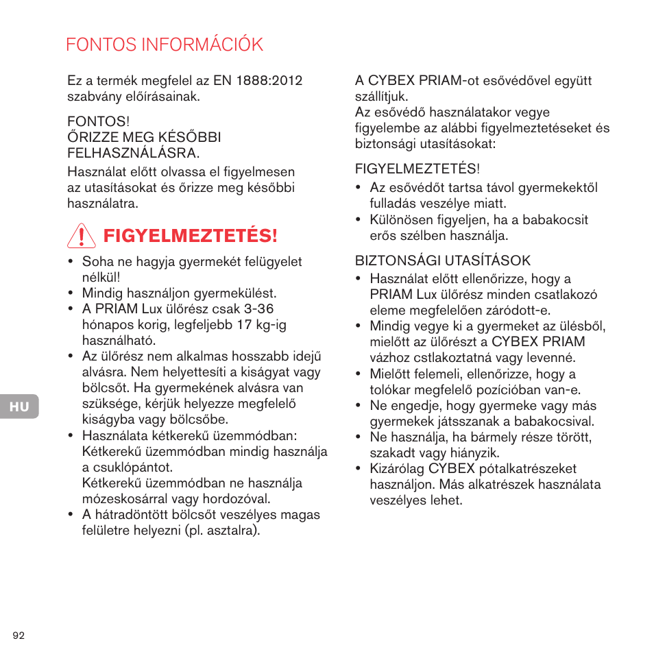 Fontos információk, Figyelmeztetés | Cybex PRIAM LUX SEAT User Manual | Page 89 / 119